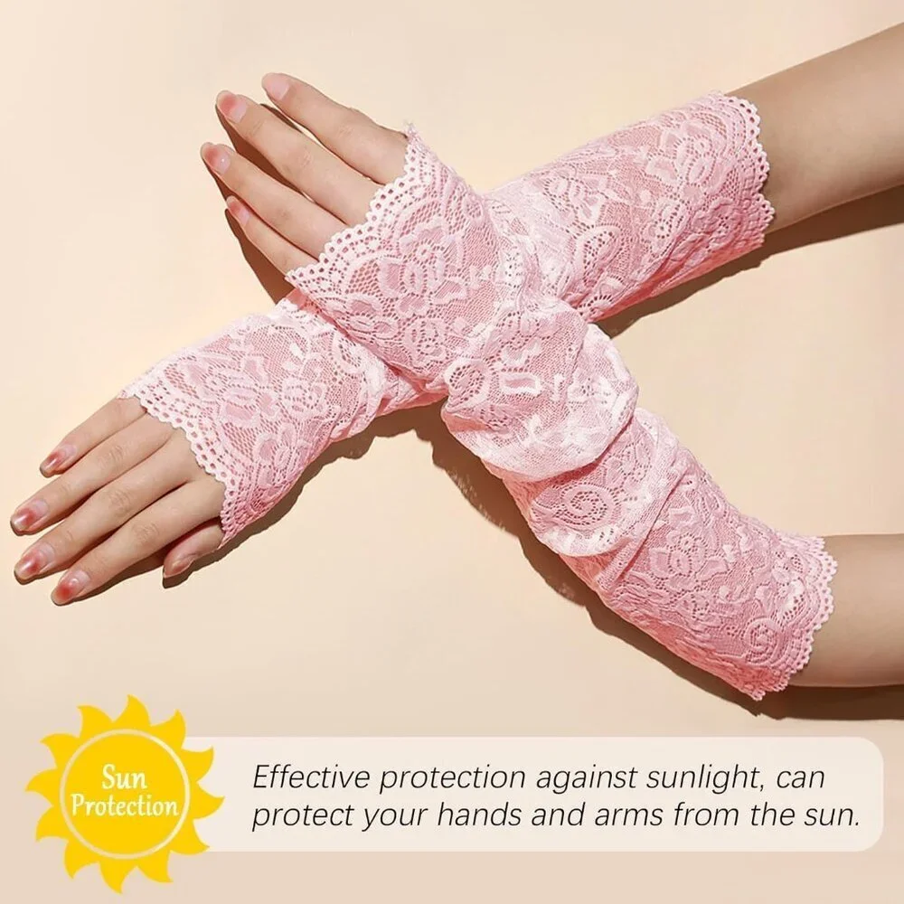 Women's 1 Pink Fingerless Lace Arm Sleeves Gloves Wedding Dress Party Prom